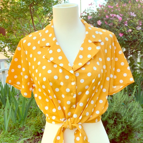 Forever 21 Tops - ☞F21☞ Retro Vibrant Yellow Polkadot Tie Top (M)
